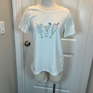 Coral Bay Womens White Short Sleeve TShirt Rhinestone Martini Cocktail Graphic M